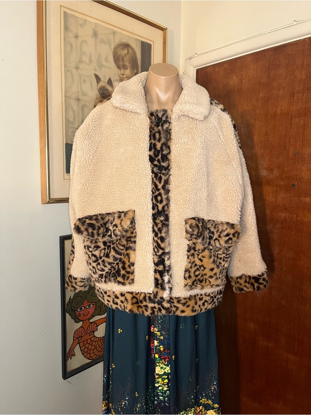 Women’s Teddy Bear Fleece Leopard Print Trim Cozy Soft Jacket XXL